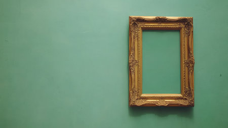 This image features an ornate vintage picture frame set against a soft green wall, creating a serene and minimalist decor atmosphere ideal for artistic projects.の素材