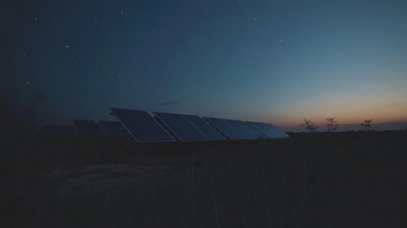 A serene view of solar panels in a tranquil landscape at dusk, with a starry sky above, symbolizing the future of renewable energy and sustainability.の素材