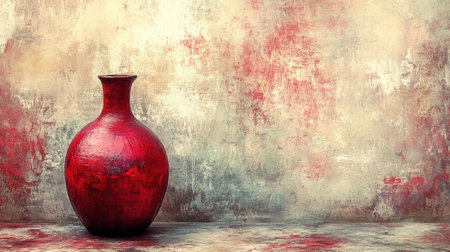 This striking red vase stands elegantly against a softly textured background in earthy tones, perfect for enhancing artistic displays and inspiring design creativity.の素材