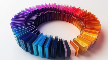 This captivating image features a circular arrangement of colorful books, showcasing a vibrant spectrum of hues. Ideal for themes of education, creativity, and design.の素材