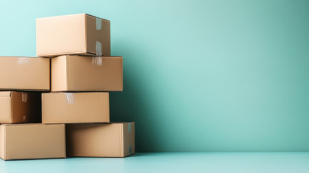 A visually appealing arrangement of stacked brown cardboard boxes on a soft turquoise background, perfect for themes of storage, delivery, and organization.の素材