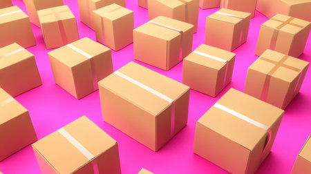 A colorful arrangement of delivery boxes on a vibrant pink background, ideal for representing concepts related to shipping, logistics, and e-commerce.の素材