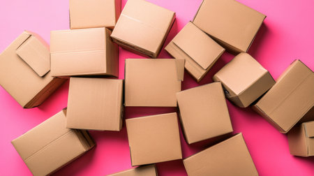 An artistic arrangement of brown cardboard boxes on a bright pink surface, showcasing packaging versatility and creativity for various projects.の素材