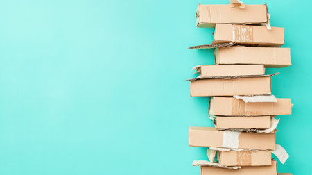 A visually appealing stack of empty cardboard boxes stands against a vibrant turquoise background, ideal for themes related to packaging, logistics, and moving.の素材