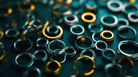 A captivating close-up of various metal rings featuring shiny surfaces and vibrant colors, arranged artistically on a dark backdrop, showcasing elegance and detail.の素材