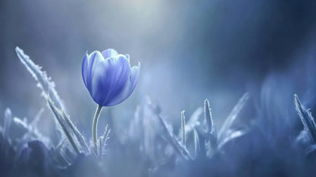 A solitary blue flower rises delicately through a layer of frost-covered grass, creating a serene and enchanting scene. The soft focus adds a dream-like quality.の素材