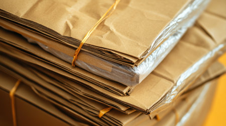 A collection of neatly stacked brown paper packages tied with twine, showcasing a clean and organized approach to shipping and storage. Perfect for logistics.の素材