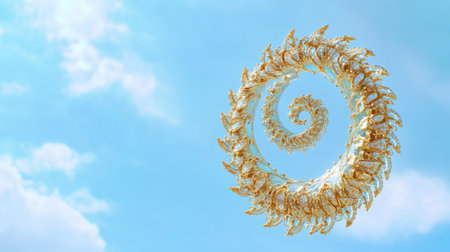 This captivating image features a spiraling golden leaf pattern set against a bright blue sky dotted with fluffy white clouds. The intricate design evokes a sense of elegance and tranquility, perfect for themes of nature and artistry.の素材