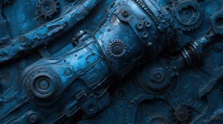 A captivating close-up of intricate mechanical components featuring blue hues. This abstract industrial design showcases detailed gears and textures, ideal for creative projects.の素材