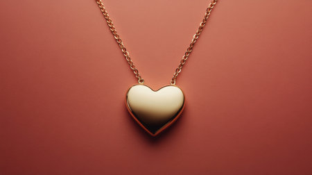A stylish gold heart pendant necklace hangs gracefully on a delicate chain, set against a soft pink background, perfect for expressing love.の素材