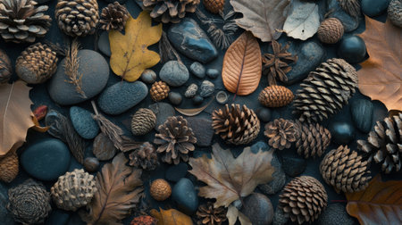 This captivating image showcases a detailed arrangement of natural elements including leaves, pine cones, and stones, highlighting the beauty of autumn. Perfect for nature-themed projects.の素材