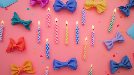 A vibrant scene featuring colorful bow ties and lit birthday candles on a pink background, perfect for celebrations and festive occasions.の素材