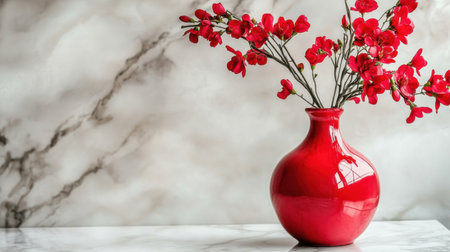 A captivating red vase filled with delicate blooms rests against a luxurious marble background, perfect for modern interior design inspiration.の素材