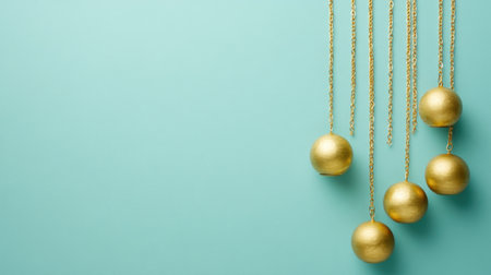 This image features elegant golden pendulums suspended by chains against a soft blue background, showcasing a minimalist design perfect for modern decor.の素材