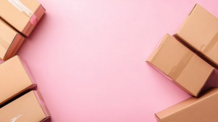 This image features brown cardboard boxes thoughtfully arranged on a vibrant pink background, ideal for concepts related to shipping, delivery, and packaging.の素材