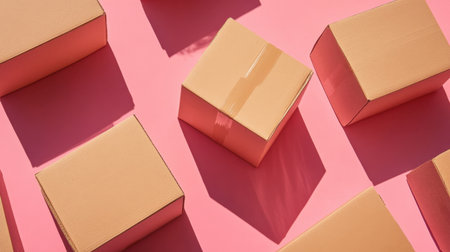 This image features a visually pleasing layout of brown packing boxes on a vibrant pink background. The arrangement highlights shadows and soft lighting.の素材