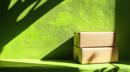 This image features two cardboard boxes resting against a vibrant green wall, illuminated by sunlight, creating soft shadows and appealing minimalism.の素材