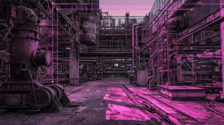 A striking view of an abandoned industrial facility, showcasing vibrant pink highlights against dark shadows, creating a compelling visual narrative of decay and neglect.の素材