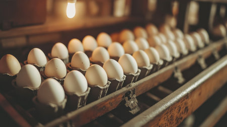 A charming scene featuring fresh farm eggs nestled in a vintage egg carton on a rustic wooden table, illuminated by warm light, perfect for food lovers.の素材