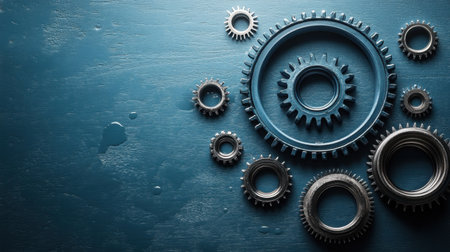 This image features an artistic arrangement of industrial gears on a textured blue surface, symbolizing engineering, innovation, and precision in manufacturing processes.の素材