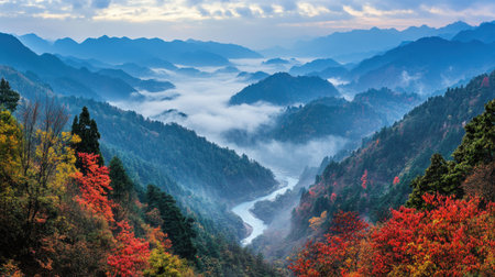Captivating view of a serene mountain landscape at sunrise, featuring vibrant autumn foliage and a misty river winding through the valleys.の素材