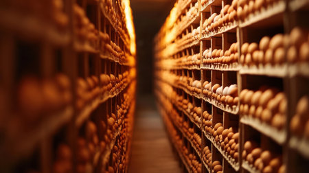 A cozy bakery scene capturing the warm glow of light illuminating rows of freshly baked bread. The wooden shelves present an inviting atmosphere, highlighting the textures and craftsmanship of artisan baking. Ideal for culinary and food-related projects.の素材