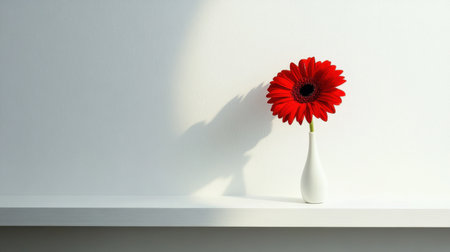 A striking red flower stands tall in a minimalist white vase, creating a beautiful focal point on a clean shelf against a serene white backdrop.の素材