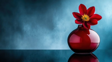 This captivating image features an elegant red vase holding a vibrant flower, set against a soft blue background. Ideal for decoration and artistic inspiration.の素材