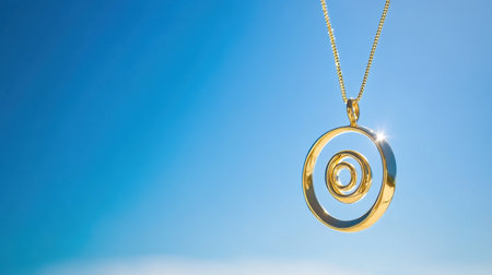 This stunning gold pendant features a unique spiraling design, elegantly displayed against a clear blue sky, perfect for showcasing fashion and beauty.の素材