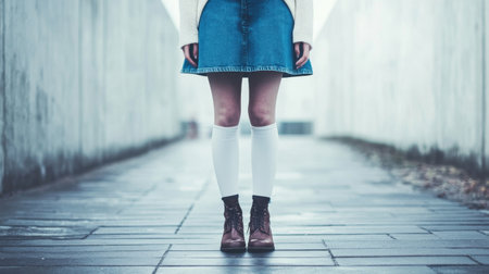 A fashionable female model poses in a denim skirt and knee-high socks, standing confidently on an urban pathway flanked by concrete walls, showcasing modern style.の素材