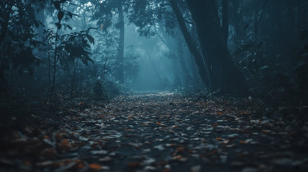 Experience the enchanting beauty of a misty forest pathway, where trees tower above and fallen leaves create a natural carpet, inviting exploration.の素材