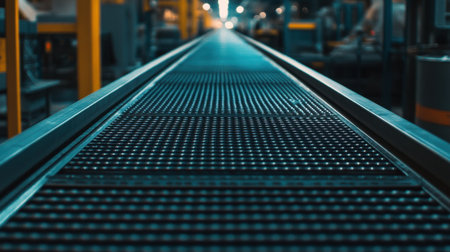 A detailed view of a modern conveyor belt in an industrial warehouse setting, illustrating the advanced technology and streamlined processes in manufacturing.の素材