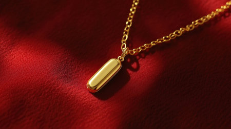 This photograph features an elegant gold pendant necklace resting on a rich red fabric background, emphasizing its refined design and texture.の素材