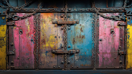 This image showcases a vintage door with a vibrant and weathered paint finish in red, yellow, and blue hues, secured with chains and rusty elements, ideal for industrial-themed projects.の素材