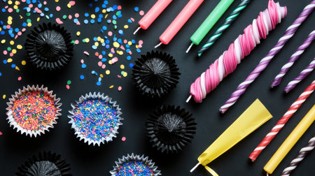 A vibrant assortment of colorful celebration elements including candles, sprinkles, and confetti arranged on a striking black background, perfect for party planning.の素材