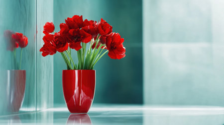 This captivating image features elegant red flowers in a sleek modern vase, beautifully contrasted against a calming green backdrop, offering a stylish decor idea for any space.の素材