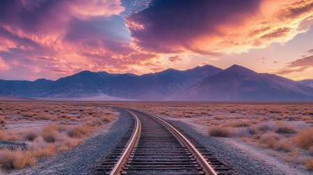 This stunning landscape features curving railway tracks leading towards majestic mountains under a vibrant sunset sky, showcasing nature's beauty.の素材
