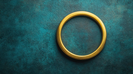 A captivating gold circular frame rests on a rich turquoise textured background, ideal for artistic projects, photography, and elegant decoration.の素材