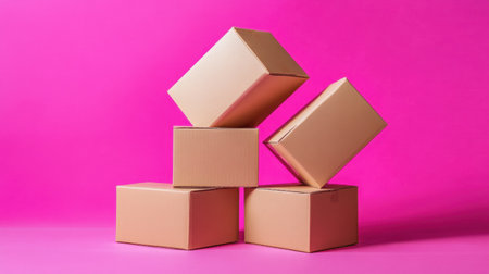 A visually appealing arrangement of brown cardboard boxes stacked against a vibrant pink background, perfect for concepts of shipping, storage, and e-commerce.の素材