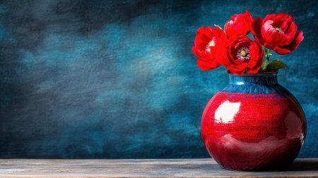 A stunning arrangement of vibrant red flowers in a glossy ceramic vase captures attention against a beautifully textured blue backdrop. Perfect for enhancing any living space.の素材