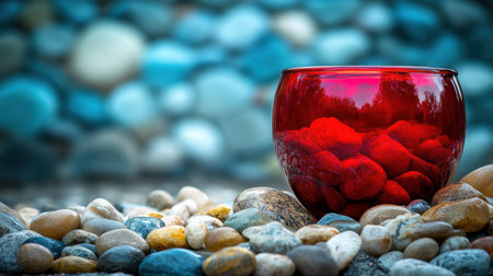 This image captures a vivid red glass bowl filled with bright stones, resting on a bed of smooth pebbles. The colorful stone background enhances the serene ambiance.の素材