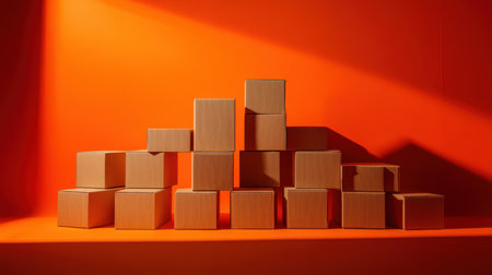 A vibrant and modern arrangement of stacked cardboard boxes on an orange background, perfect for creative projects, packaging concepts, and minimalistic designs.の素材