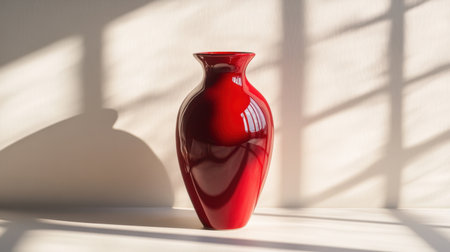 A vibrant red vase stands gracefully, illuminated by soft sunlight that creates delicate shadows, set against a minimalist background, showcasing elegance and style.の素材
