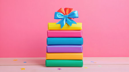 A vibrant arrangement of colorful gift boxes stacked neatly, topped with a bright bow, set against a soft pink background for celebration themes.の素材