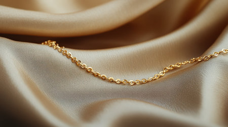 An elegant gold chain gracefully drapes across a luxurious satin fabric, showcasing its shimmering beauty and exquisite craftsmanship, perfect for fashion themes.の素材