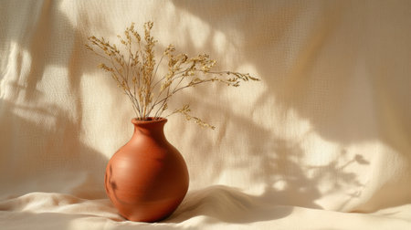 This serene image features an elegant clay vase filled with dried flowers, resting on a soft, creamy fabric. The interplay of light and shadows creates a soothing ambiance, perfect for home decor or artistic inspiration.の素材