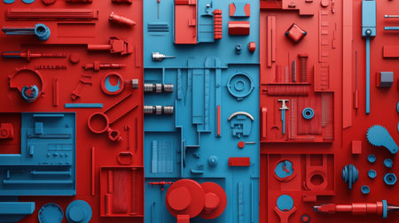 This unique image showcases a vibrant arrangement of tools and equipment in red and blue colors, ideal for creative and industrial themes. Perfect for design projects.の素材