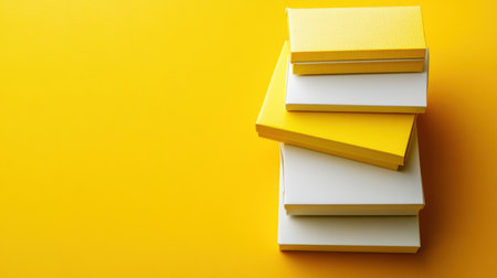 This image features a vibrant yellow background with a neatly stacked arrangement of colorful books. It captures the essence of creativity and education.の素材