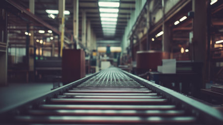 This image captures an expansive industrial warehouse featuring a conveyor belt, highlighting the dynamic flow of operations in a manufacturing space.の素材