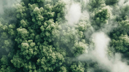 This stunning aerial view showcases a lush green forest canopy, partially shrouded in misty clouds, exemplifying the beauty and tranquility of natureの素材